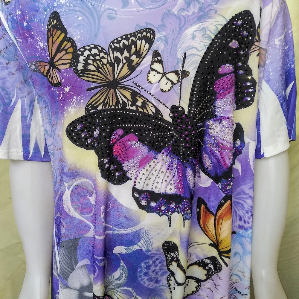 Purple butterfly embellished ss no iron top XL